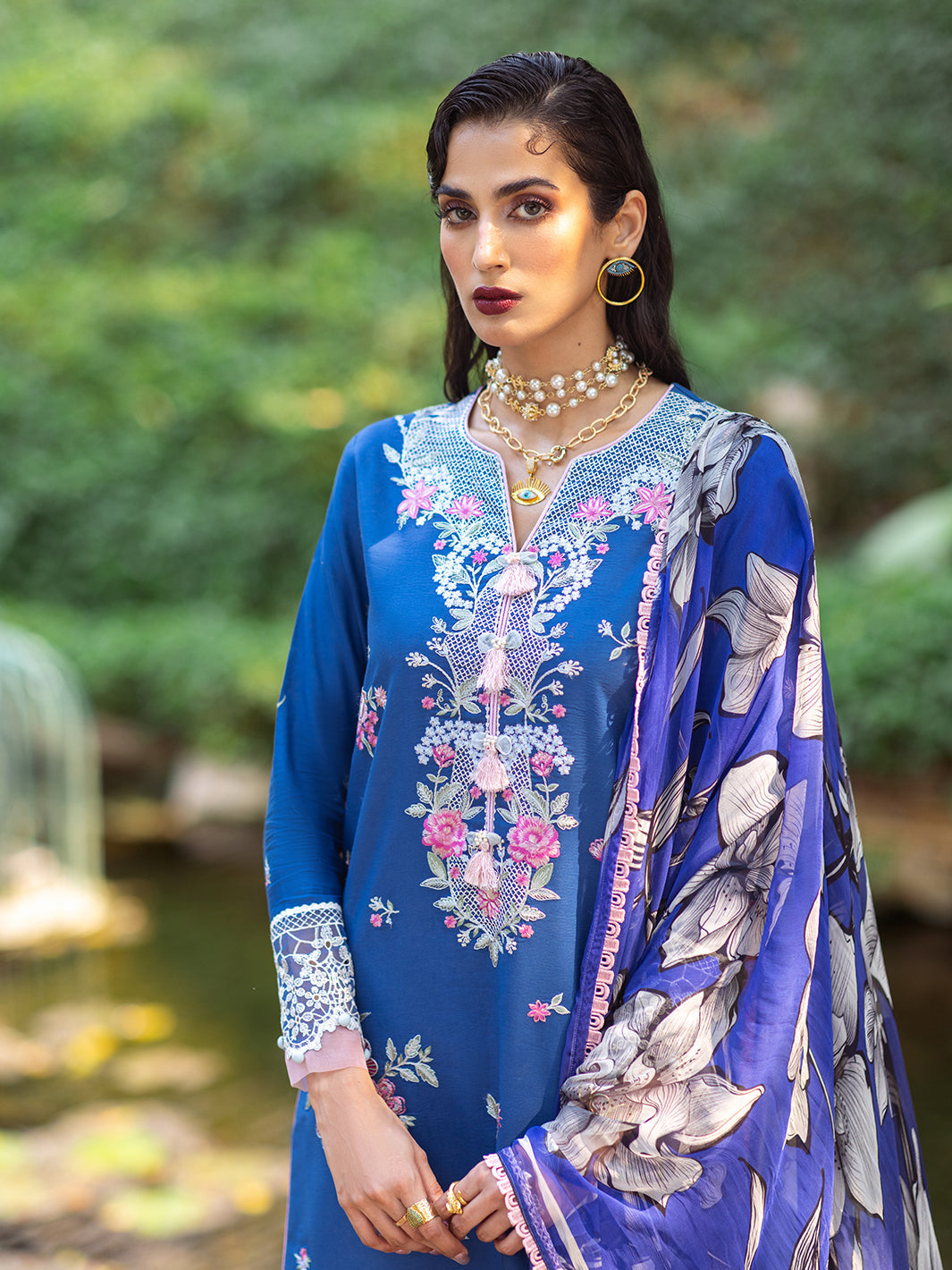 Roheenaz | Dahlia Embroidered Lawn 24 | Bluebell -  Roheenaz Luxury -  House of Maryam