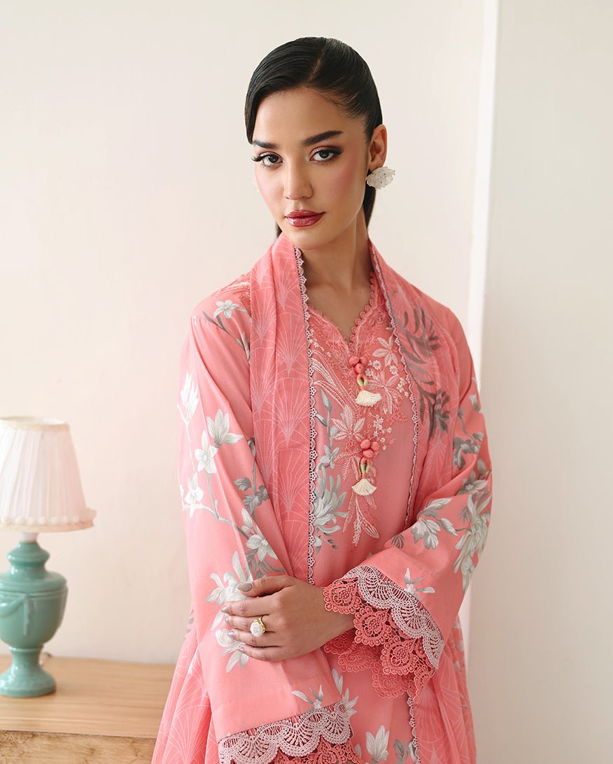Roheenaz | Eclat Garden Printed Lawn | Azalea Grace-Brand:Roheenaz-Type:Ladies Clothes-Peach Pink-Lawn-House of Maryam- Buy in UK, USA