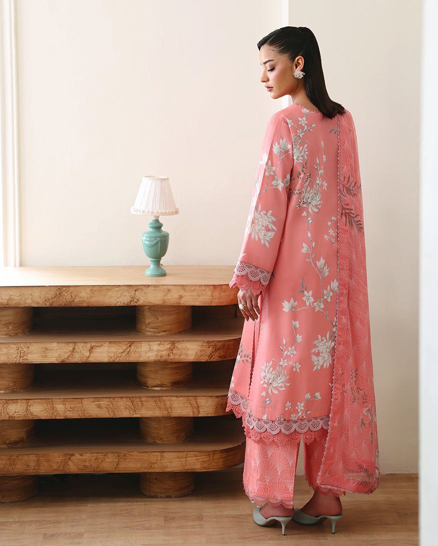 Roheenaz | Eclat Garden Printed Lawn | Azalea Grace-Brand:Roheenaz-Type:Ladies Clothes-Peach Pink-Lawn-House of Maryam- Buy in UK, USA