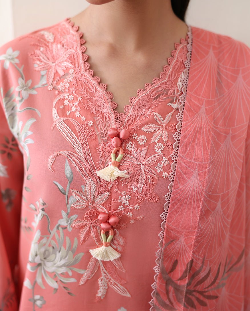 Roheenaz | Eclat Garden Printed Lawn | Azalea Grace-Brand:Roheenaz-Type:Ladies Clothes-Peach Pink-Lawn-House of Maryam- Buy in UK, USA