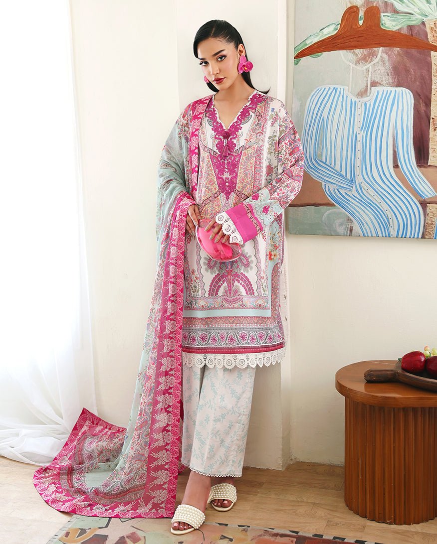 Roheenaz | Eclat Garden Printed Lawn | Coral Hibiscus-Brand:Roheenaz-Type:Ladies Clothes-White-Lawn-House of Maryam- Buy in UK, USA