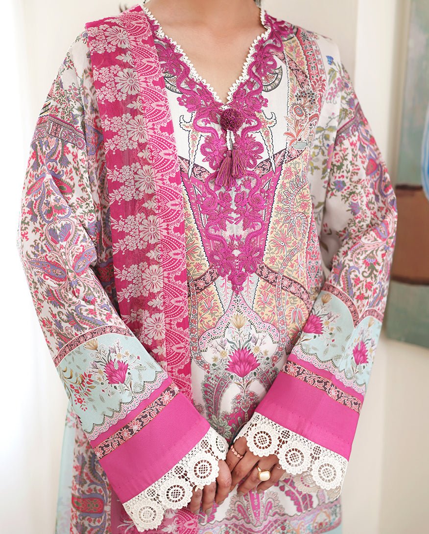 Roheenaz | Eclat Garden Printed Lawn | Coral Hibiscus-Brand:Roheenaz-Type:Ladies Clothes-White-Lawn-House of Maryam- Buy in UK, USA