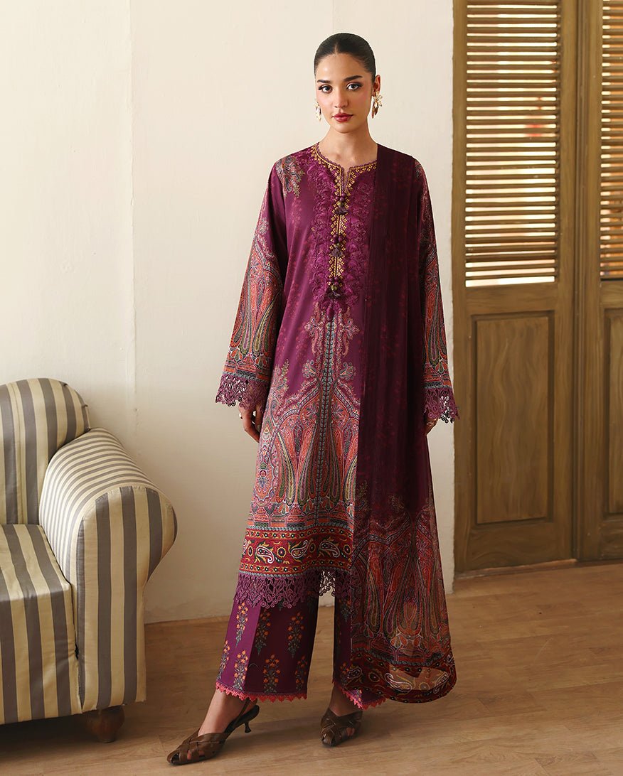 Roheenaz | Eclat Garden Printed Lawn | Dahlia Dream-Brand:Roheenaz-Type:Ladies Clothes-Magenta-Lawn-House of Maryam- Buy in UK, USA