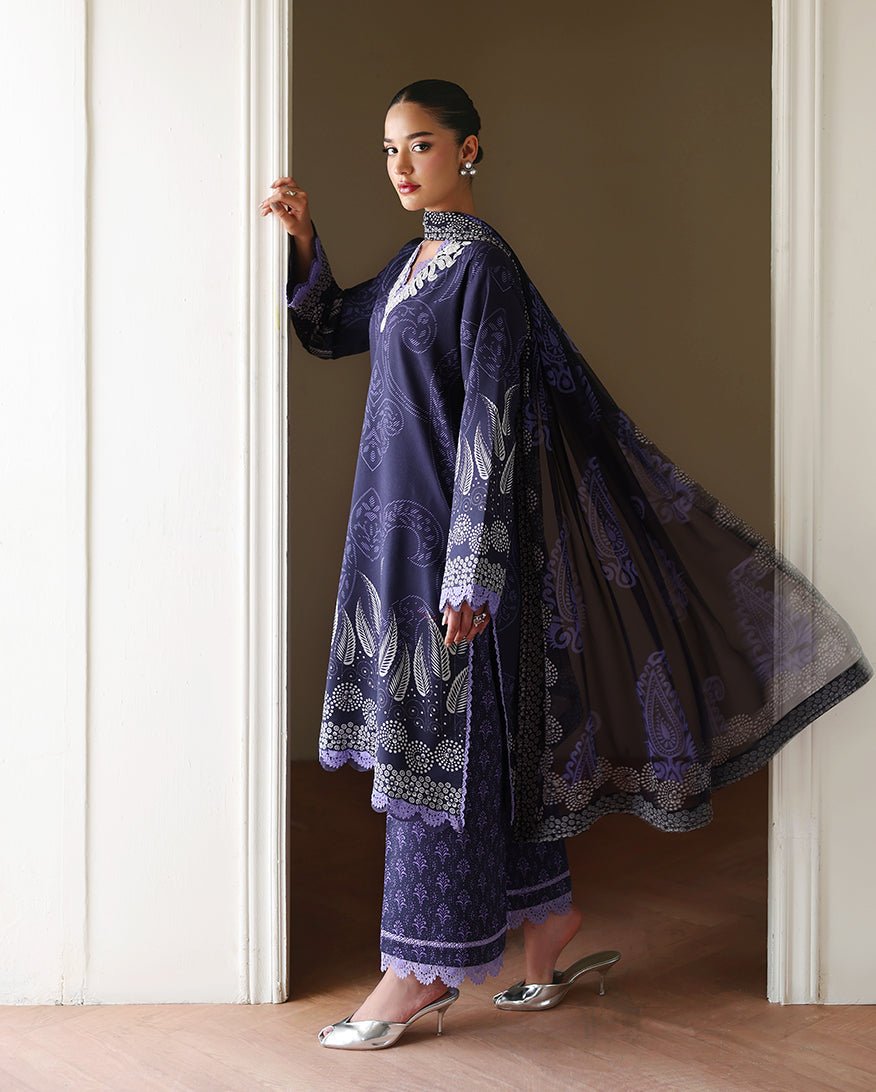 Roheenaz | Eclat Garden Printed Lawn | Orchid Garden-Brand:Roheenaz-Type:Ladies Clothes-Dark Blue-Lawn-House of Maryam- Buy in UK, USA