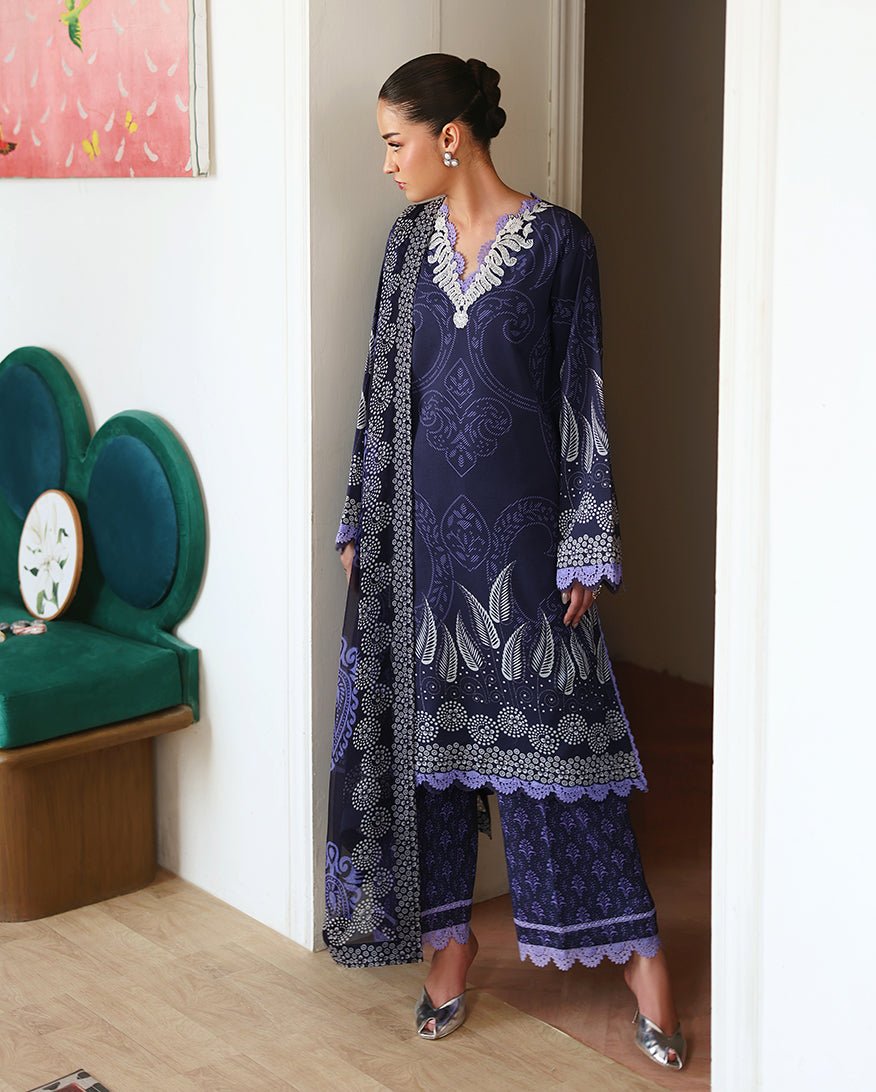 Roheenaz | Eclat Garden Printed Lawn | Orchid Garden-Brand:Roheenaz-Type:Ladies Clothes-Dark Blue-Lawn-House of Maryam- Buy in UK, USA