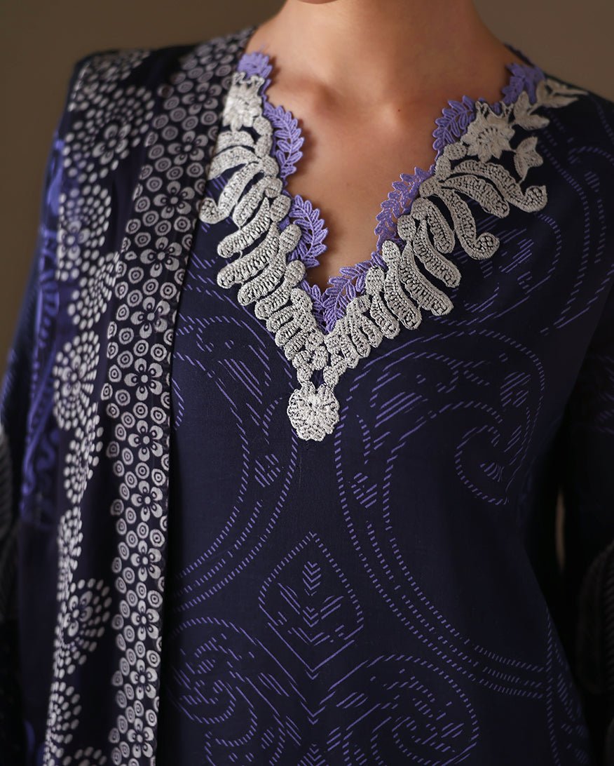 Roheenaz | Eclat Garden Printed Lawn | Orchid Garden-Brand:Roheenaz-Type:Ladies Clothes-Dark Blue-Lawn-House of Maryam- Buy in UK, USA