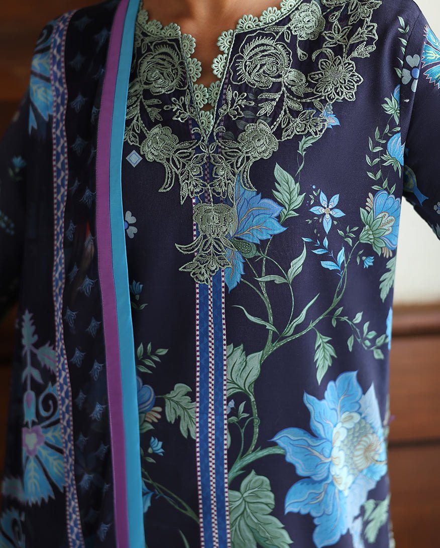 Roheenaz | Eclat Garden Printed Lawn | Orchid meadow-Brand:Roheenaz-Type:Ladies Clothes-Zinc Blue-Lawn-House of Maryam- Buy in UK, USA