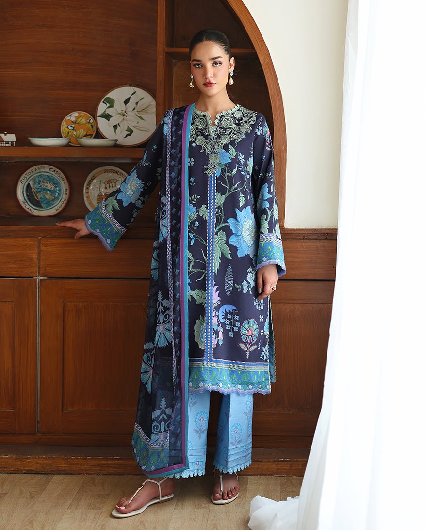 Roheenaz | Eclat Garden Printed Lawn | Orchid meadow-Brand:Roheenaz-Type:Ladies Clothes-Zinc Blue-Lawn-House of Maryam- Buy in UK, USA