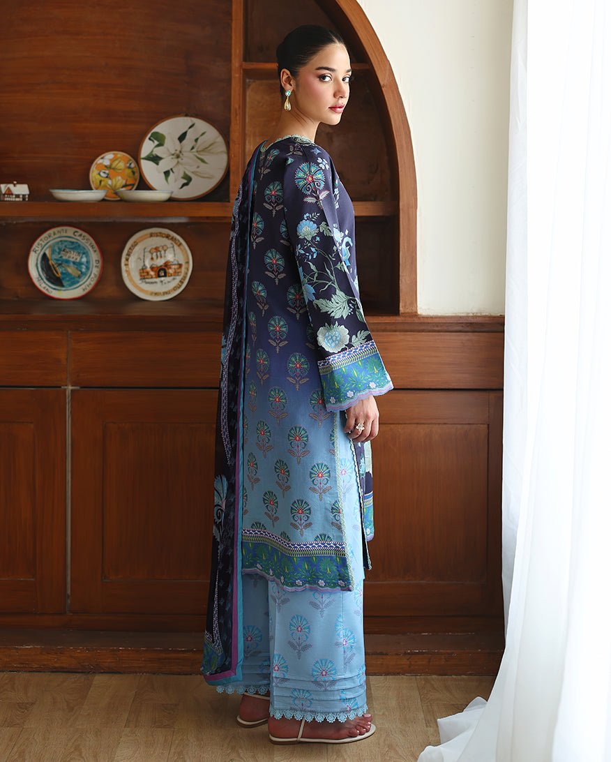 Roheenaz | Eclat Garden Printed Lawn | Orchid meadow-Brand:Roheenaz-Type:Ladies Clothes-Zinc Blue-Lawn-House of Maryam- Buy in UK, USA