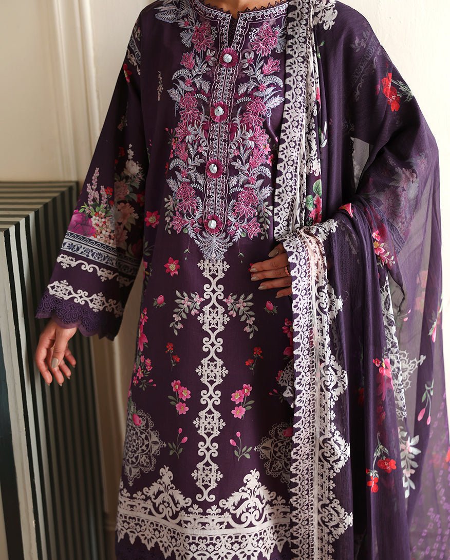 Roheenaz | Eclat Garden Printed Lawn | Poppy bloom-Brand:Roheenaz-Type:Ladies Clothes-Deep Purple-Lawn-House of Maryam- Buy in UK, USA