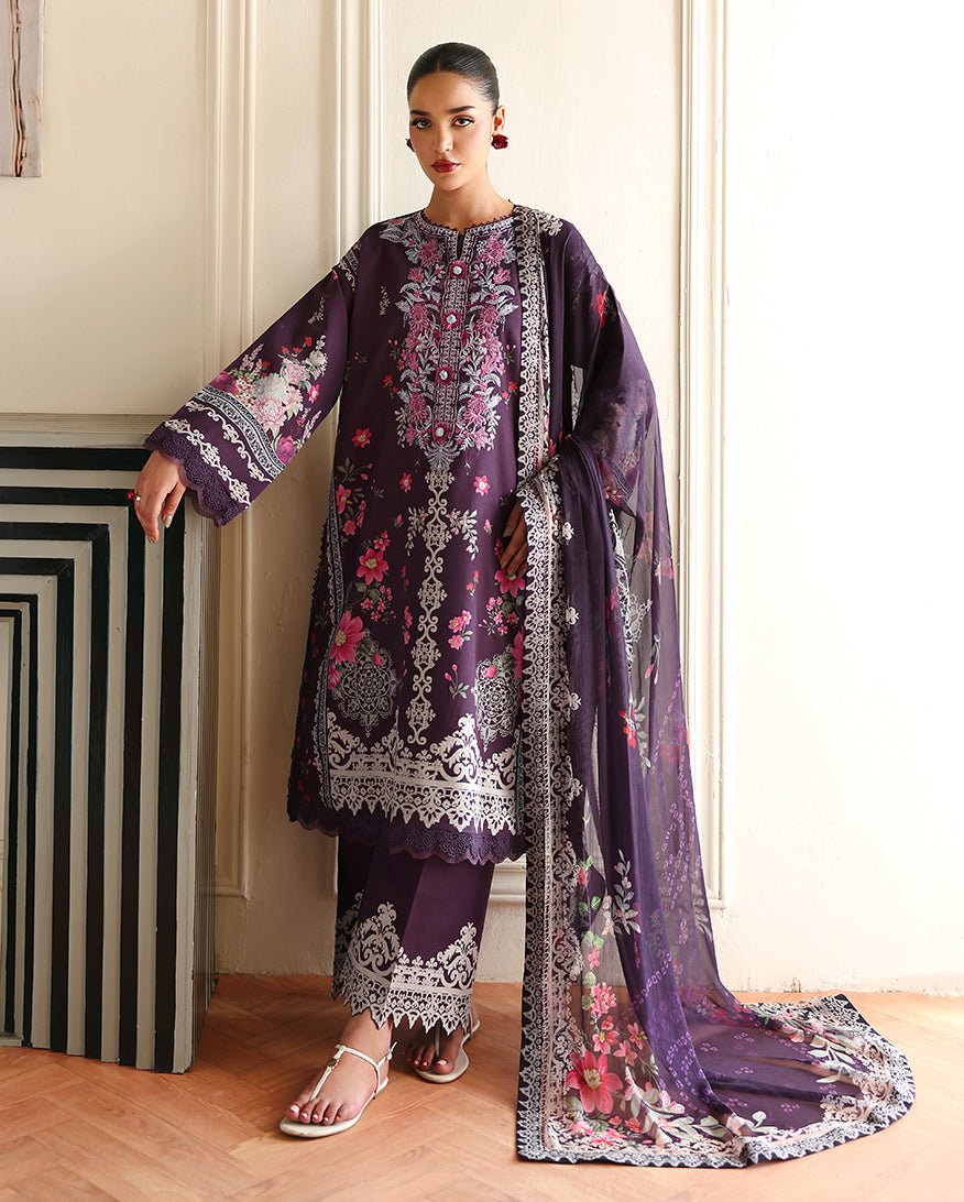 Roheenaz | Eclat Garden Printed Lawn | Poppy bloom-Brand:Roheenaz-Type:Ladies Clothes-Deep Purple-Lawn-House of Maryam- Buy in UK, USA