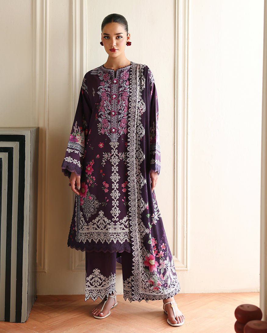 Roheenaz | Eclat Garden Printed Lawn | Poppy bloom-Brand:Roheenaz-Type:Ladies Clothes-Deep Purple-Lawn-House of Maryam- Buy in UK, USA