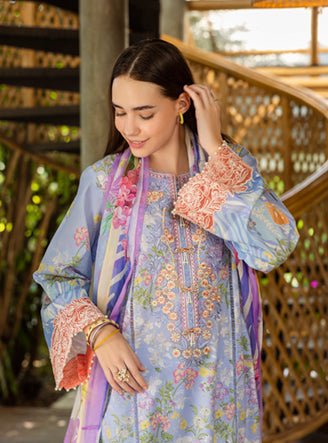 Roheenaz | Ethereal Bloom Lawn 25 |Florien-Brand:Roheenaz-Type:Ladies Clothes-LIight blue Grey-Printed lawn-House of Maryam- Buy in UK, USA