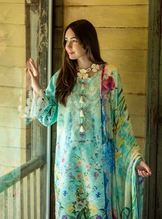 Roheenaz | Ethereal Bloom Lawn 25 | Maristela-Brand:Roheenaz-Type:Ladies Clothes-Pastel Blue-Printed lawn-House of Maryam- Buy in UK, USA
