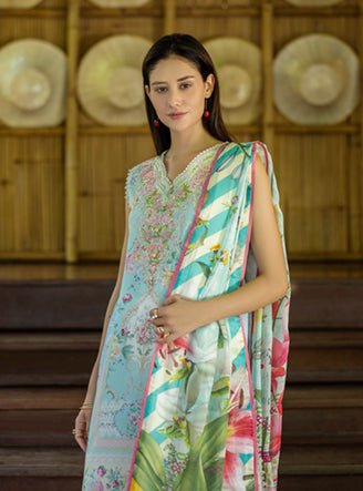 Roheenaz | Ethereal Bloom Lawn 25 | Mistelle-Brand:Roheenaz-Type:Ladies Clothes-Light Blue-Printed lawn-House of Maryam- Buy in UK, USA