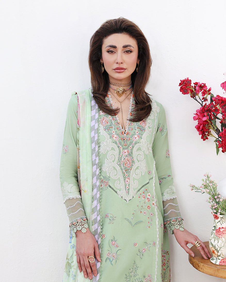Roheenaz | Floral Reverie Luxury Lawn | Daydream Gleam-Brand:Roheenaz-Type:Ladies Clothes-Pastel Mint-Lawn-House of Maryam- Buy in UK, USA