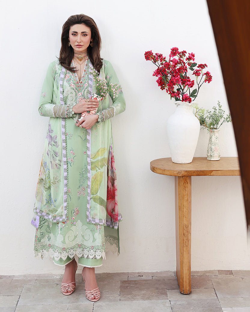 Roheenaz | Floral Reverie Luxury Lawn | Daydream Gleam-Brand:Roheenaz-Type:Ladies Clothes-Pastel Mint-Lawn-House of Maryam- Buy in UK, USA