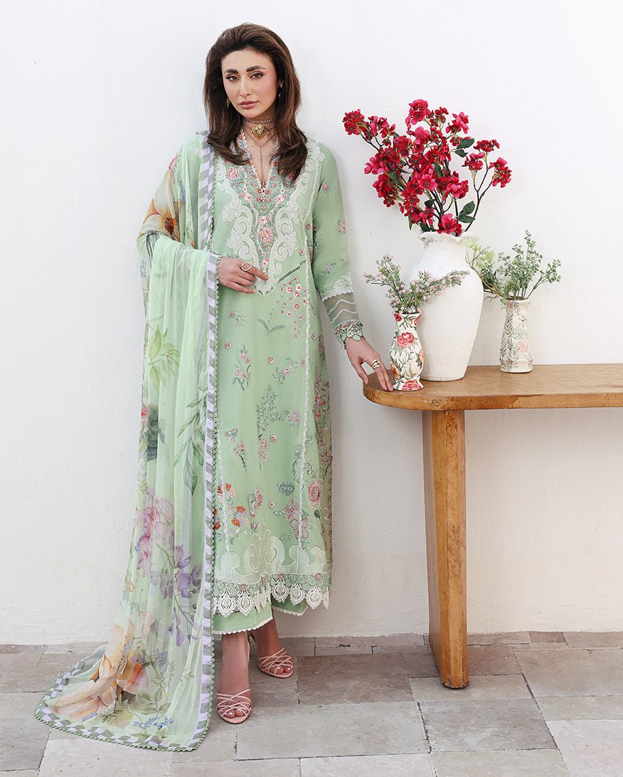 Roheenaz | Floral Reverie Luxury Lawn | Daydream Gleam-Brand:Roheenaz-Type:Ladies Clothes-Pastel Mint-Lawn-House of Maryam- Buy in UK, USA