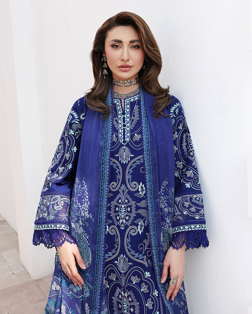 Roheenaz | Floral Reverie Luxury Lawn | Daylight Charm-Brand:Roheenaz-Type:Ladies Clothes-Navy-Lawn-House of Maryam- Buy in UK, USA
