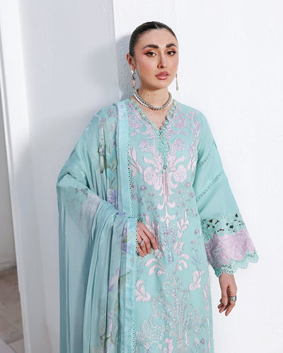 Roheenaz | Floral Reverie Luxury Lawn | Dewy Mist-Brand:Roheenaz-Type:Ladies Clothes-Sea Ferozi-Lawn-House of Maryam- Buy in UK, USA