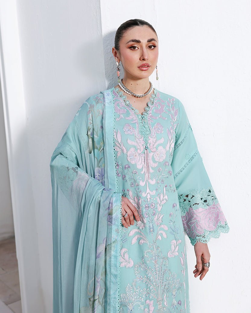 Roheenaz | Floral Reverie Luxury Lawn | Dewy Mist-Brand:Roheenaz-Type:Ladies Clothes-Sea Ferozi-Lawn-House of Maryam- Buy in UK, USA