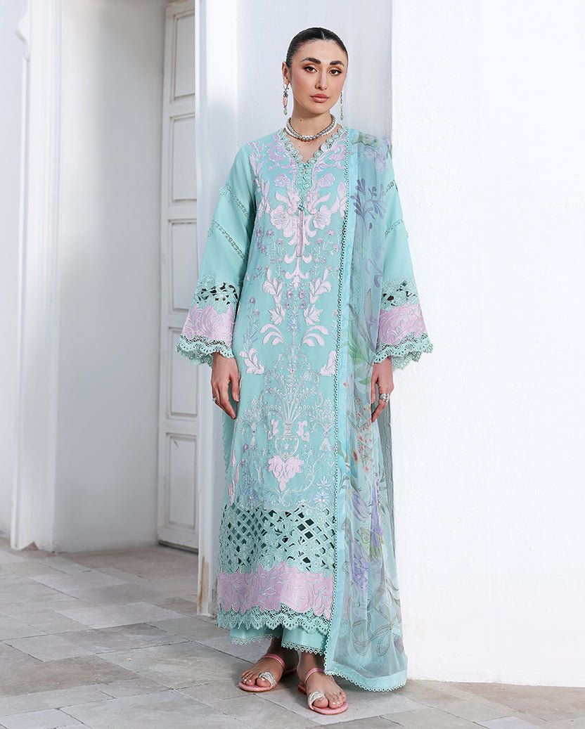 Roheenaz | Floral Reverie Luxury Lawn | Dewy Mist-Brand:Roheenaz-Type:Ladies Clothes-Sea Ferozi-Lawn-House of Maryam- Buy in UK, USA
