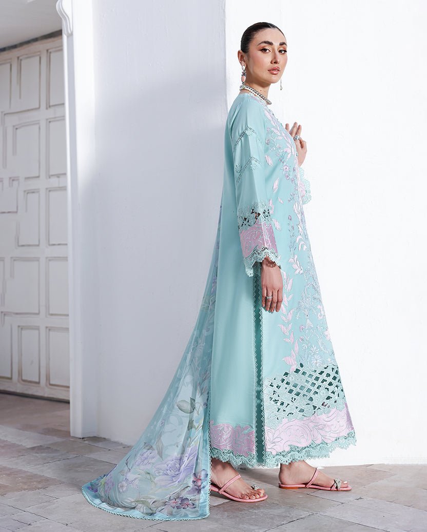 Roheenaz | Floral Reverie Luxury Lawn | Dewy Mist-Brand:Roheenaz-Type:Ladies Clothes-Sea Ferozi-Lawn-House of Maryam- Buy in UK, USA