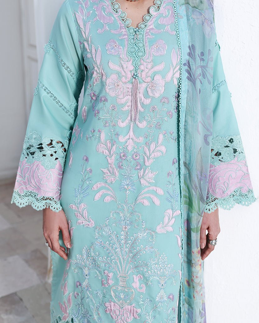 Roheenaz | Floral Reverie Luxury Lawn | Dewy Mist-Brand:Roheenaz-Type:Ladies Clothes-Sea Ferozi-Lawn-House of Maryam- Buy in UK, USA