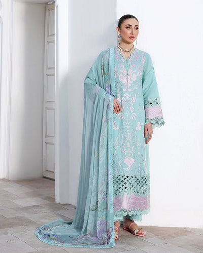 Roheenaz | Floral Reverie Luxury Lawn | Dewy Mist-Brand:Roheenaz-Type:Ladies Clothes-Sea Ferozi-Lawn-House of Maryam- Buy in UK, USA