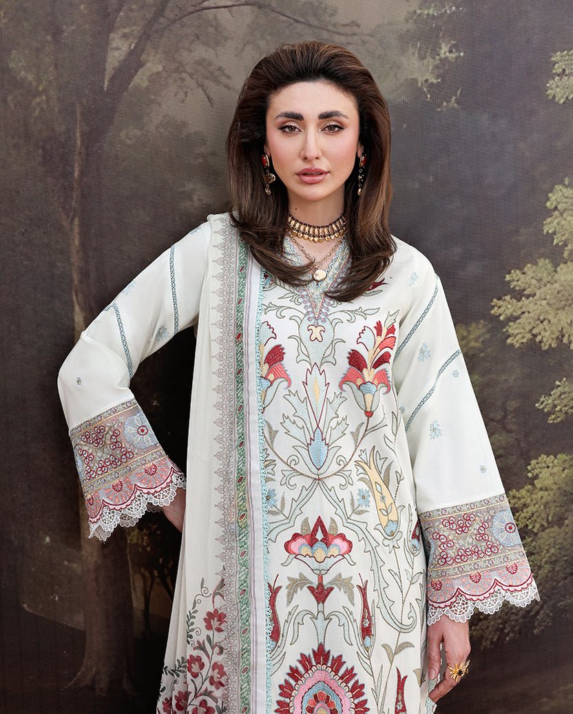 Roheenaz | Floral Reverie Luxury Lawn | Lunar Glow-Brand:Roheenaz-Type:Ladies Clothes-Off White-Lawn-House of Maryam- Buy in UK, USA