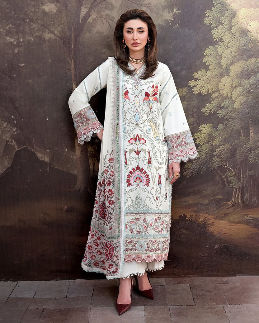Roheenaz | Floral Reverie Luxury Lawn | Lunar Glow-Brand:Roheenaz-Type:Ladies Clothes-Off White-Lawn-House of Maryam- Buy in UK, USA