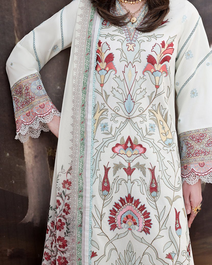 Roheenaz | Floral Reverie Luxury Lawn | Lunar Glow-Brand:Roheenaz-Type:Ladies Clothes-Off White-Lawn-House of Maryam- Buy in UK, USA