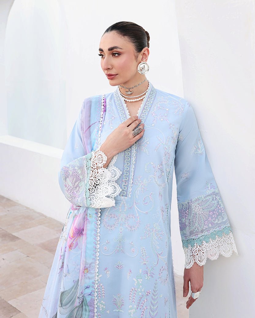 Roheenaz | Floral Reverie Luxury Lawn | Morning Petal-Brand:Roheenaz-Type:Ladies Clothes-Pale Sky Blue-Lawn-House of Maryam- Buy in UK, USA