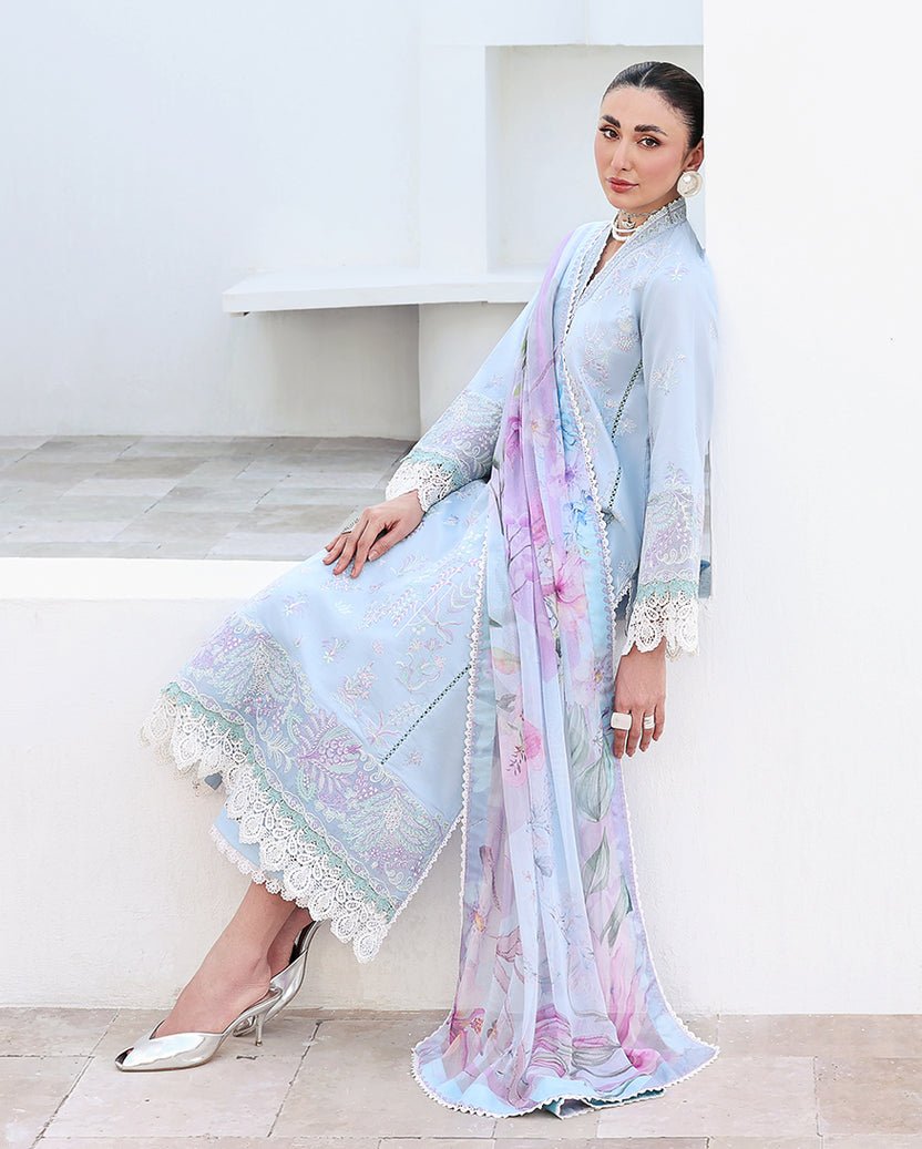Roheenaz | Floral Reverie Luxury Lawn | Morning Petal-Brand:Roheenaz-Type:Ladies Clothes-Pale Sky Blue-Lawn-House of Maryam- Buy in UK, USA