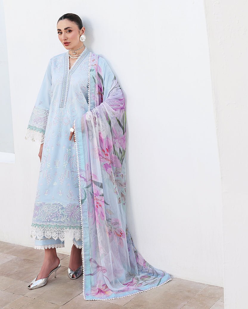 Roheenaz | Floral Reverie Luxury Lawn | Morning Petal-Brand:Roheenaz-Type:Ladies Clothes-Pale Sky Blue-Lawn-House of Maryam- Buy in UK, USA