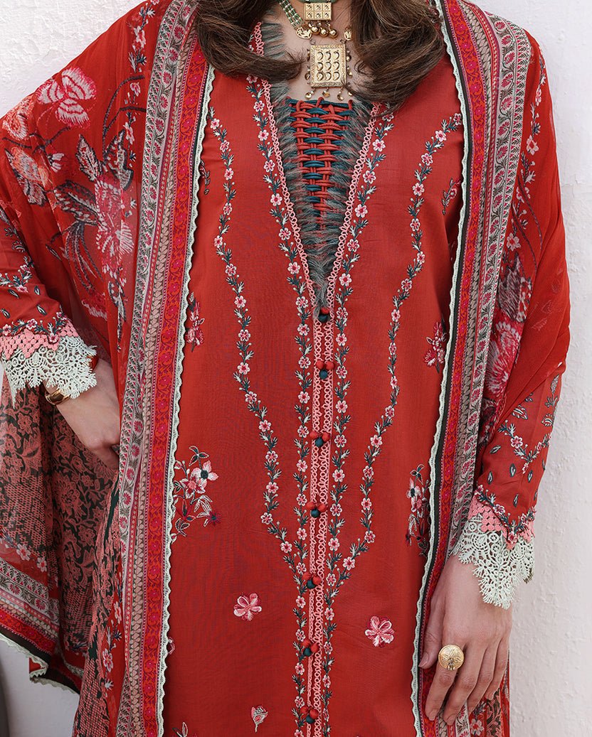 Roheenaz | Floral Reverie Luxury Lawn | Serene Bloom-Brand:Roheenaz-Type:Ladies Clothes-Ruby Red-Lawn-House of Maryam- Buy in UK, USA