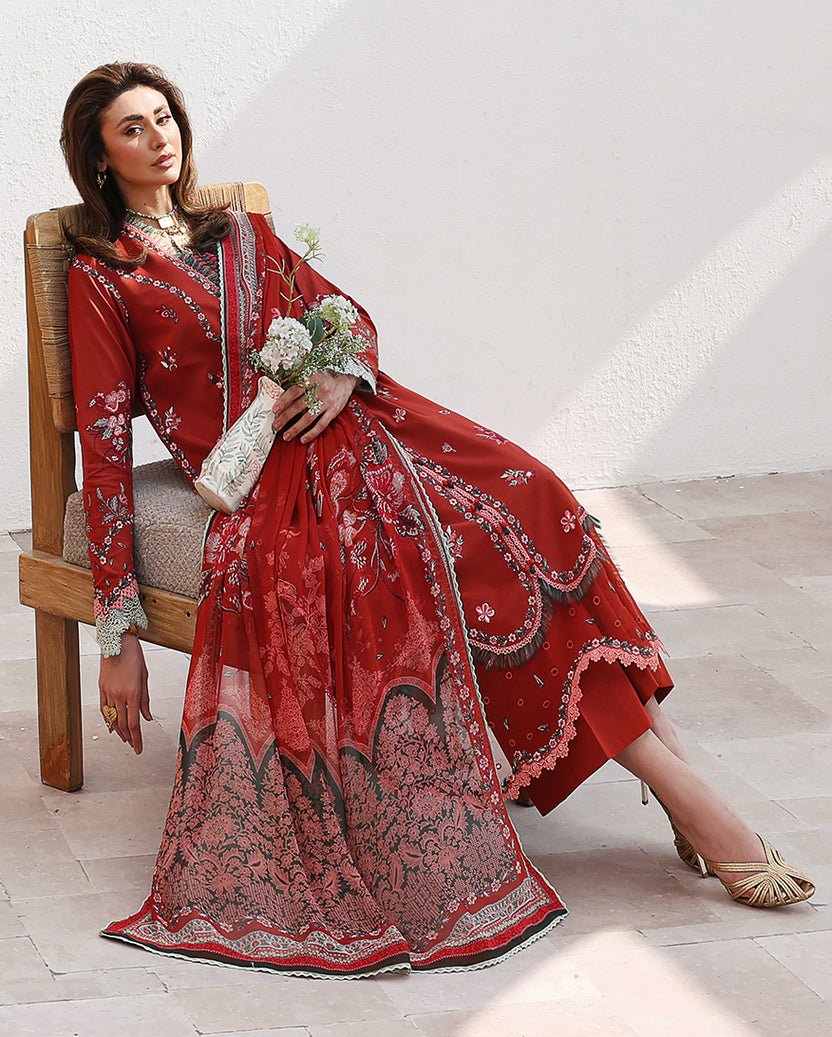 Roheenaz | Floral Reverie Luxury Lawn | Serene Bloom-Brand:Roheenaz-Type:Ladies Clothes-Ruby Red-Lawn-House of Maryam- Buy in UK, USA