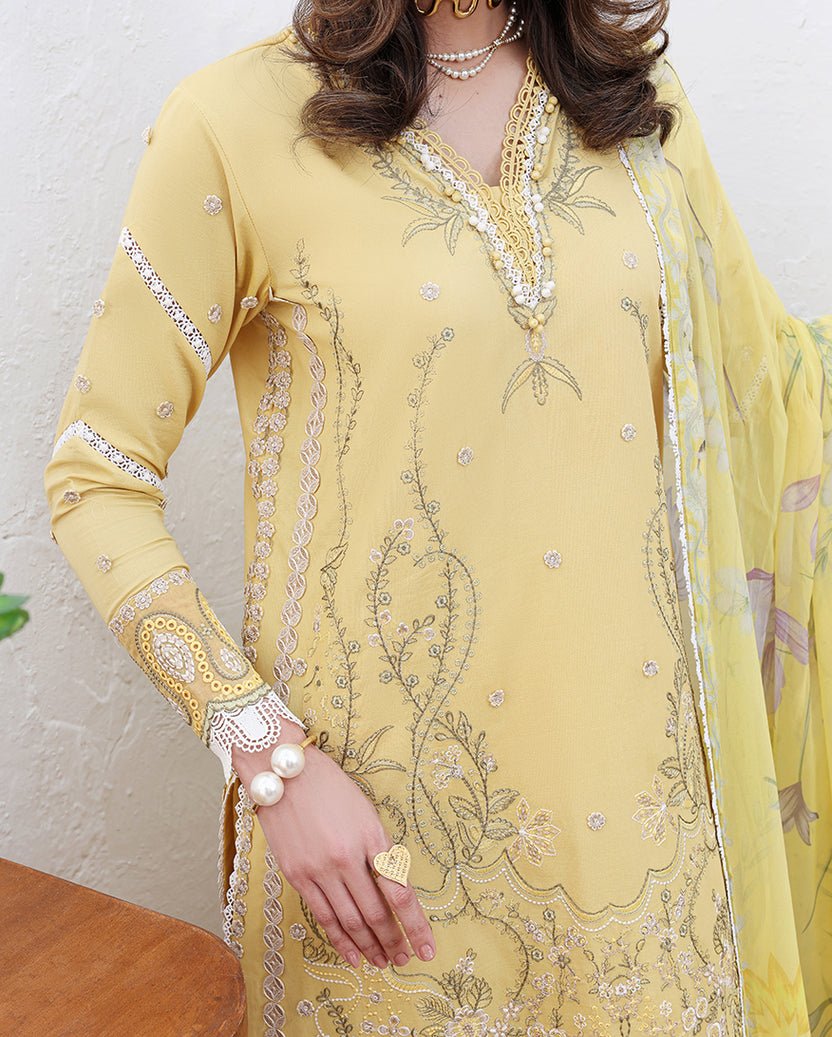 Roheenaz | Floral Reverie Luxury Lawn | Summer Glow-Brand:Roheenaz-Type:Ladies Clothes-Butter Yellow-Lawn-House of Maryam- Buy in UK, USA