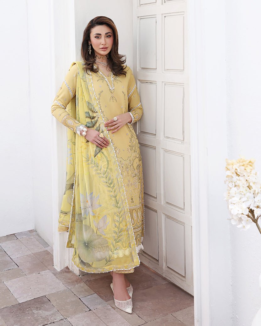 Roheenaz | Floral Reverie Luxury Lawn | Summer Glow-Brand:Roheenaz-Type:Ladies Clothes-Butter Yellow-Lawn-House of Maryam- Buy in UK, USA