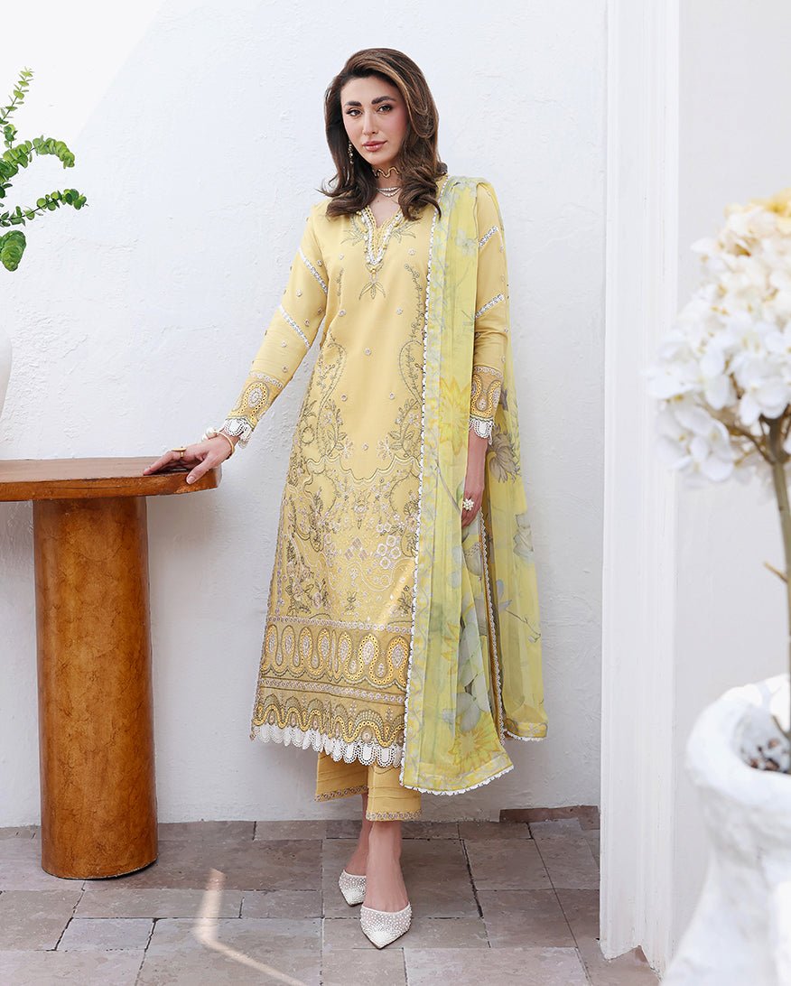 Roheenaz | Floral Reverie Luxury Lawn | Summer Glow-Brand:Roheenaz-Type:Ladies Clothes-Butter Yellow-Lawn-House of Maryam- Buy in UK, USA