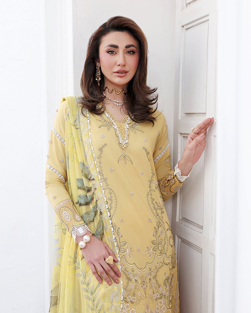 Roheenaz | Floral Reverie Luxury Lawn | Summer Glow-Brand:Roheenaz-Type:Ladies Clothes-Butter Yellow-Lawn-House of Maryam- Buy in UK, USA