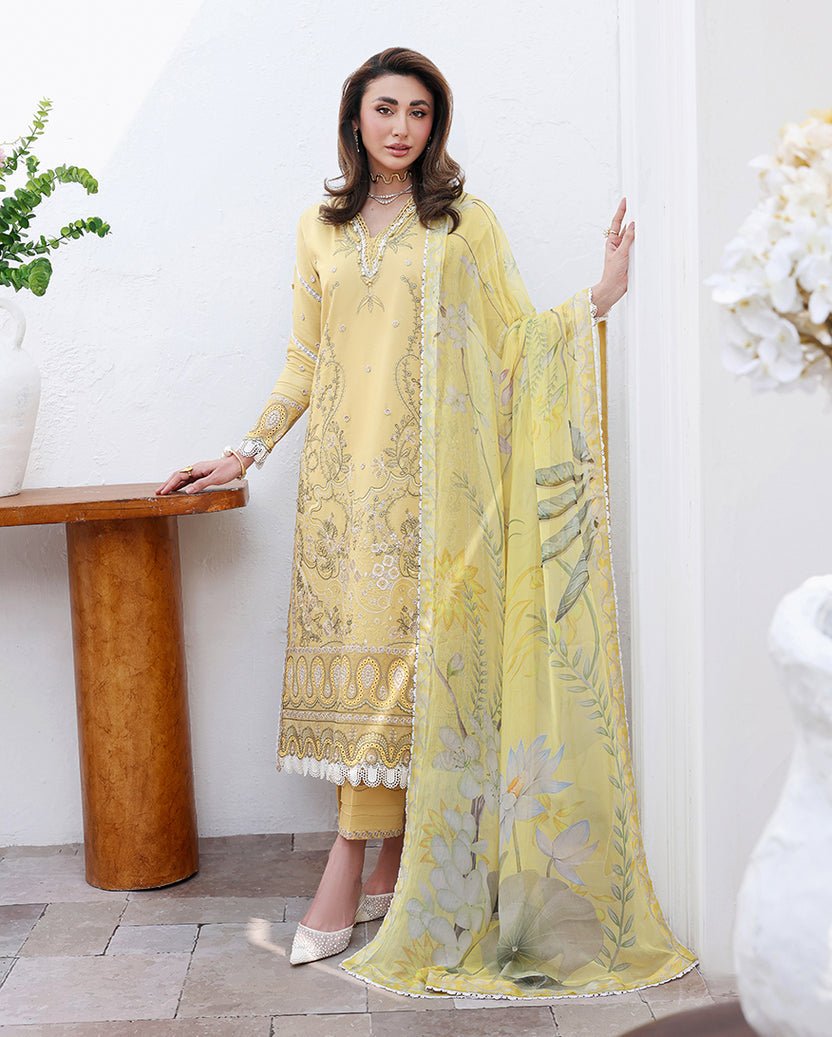 Roheenaz | Floral Reverie Luxury Lawn | Summer Glow-Brand:Roheenaz-Type:Ladies Clothes-Butter Yellow-Lawn-House of Maryam- Buy in UK, USA