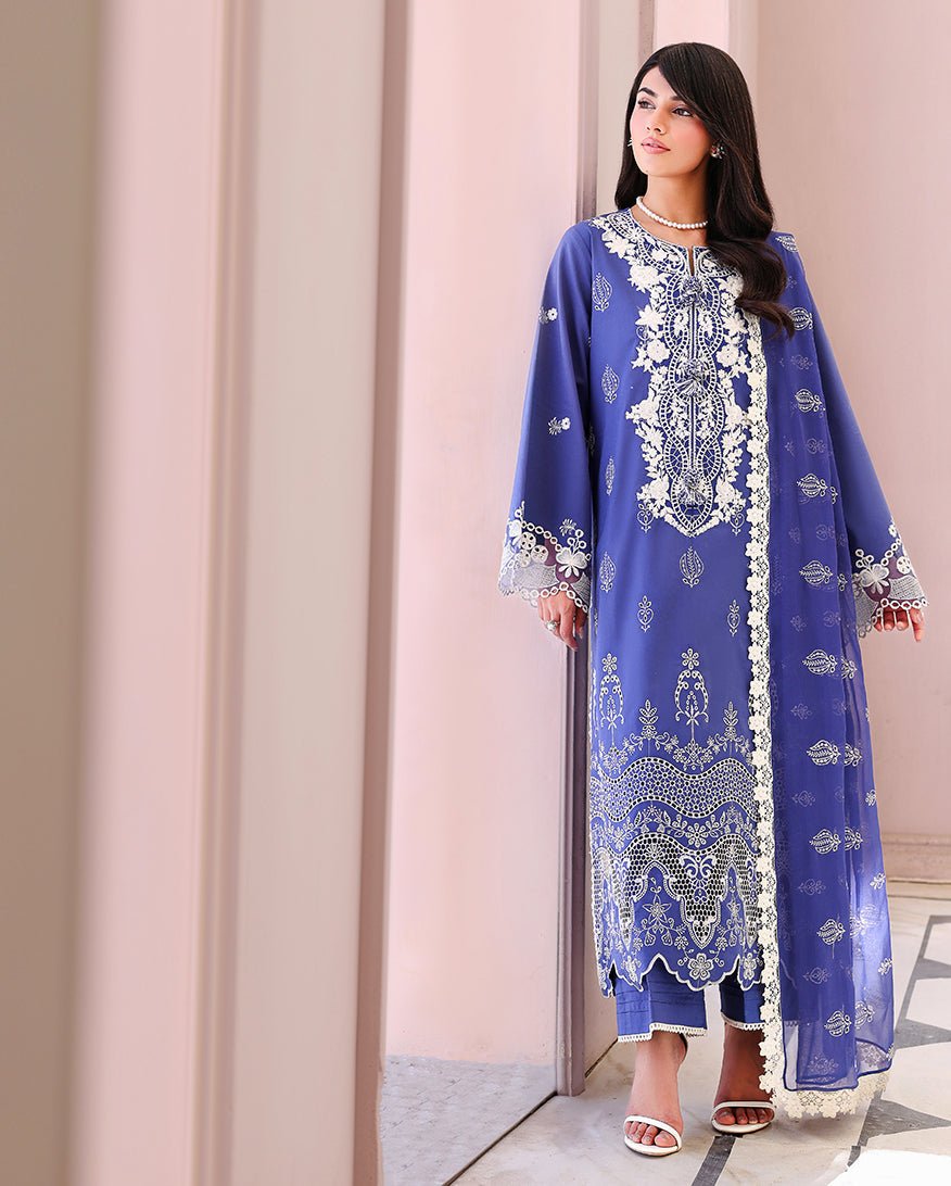 Roheenaz | Veil of Summer Chikankari | Blanc Mirage-Brand:Roheenaz-Type:Ladies Clothes-Persion Blue-Lawn-House of Maryam- Buy in UK, USA