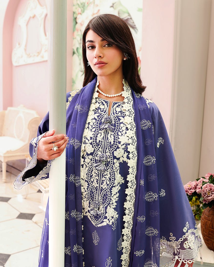 Roheenaz | Veil of Summer Chikankari | Blanc Mirage-Brand:Roheenaz-Type:Ladies Clothes-Persion Blue-Lawn-House of Maryam- Buy in UK, USA