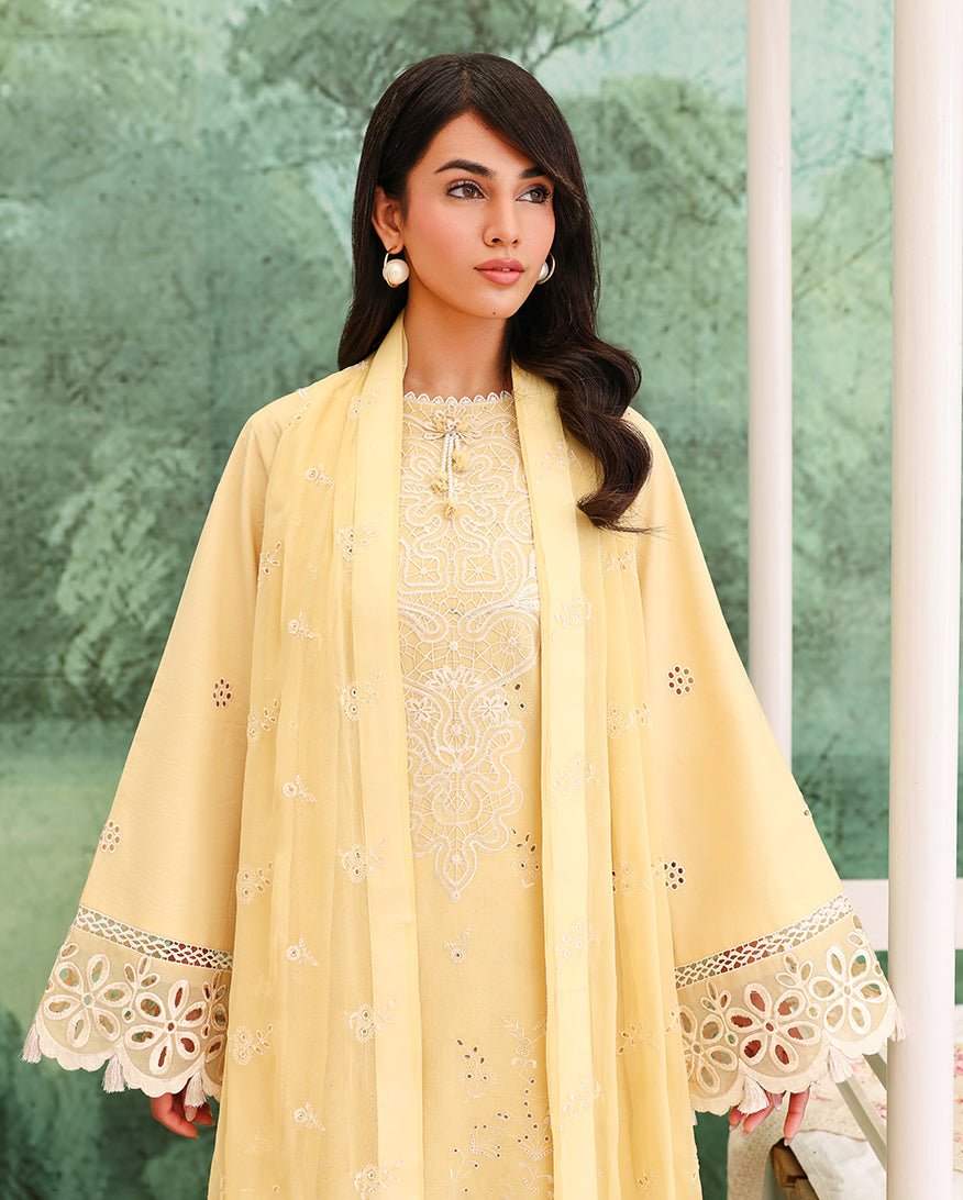 Roheenaz | Veil of Summer Chikankari | Lumiere Yellow-Brand:Roheenaz-Type:Ladies Clothes-Dust Yellow-Lawn-House of Maryam- Buy in UK, USA