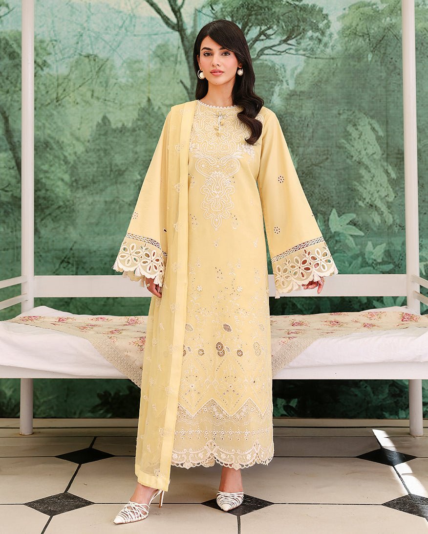 Roheenaz | Veil of Summer Chikankari | Lumiere Yellow-Brand:Roheenaz-Type:Ladies Clothes-Dust Yellow-Lawn-House of Maryam- Buy in UK, USA
