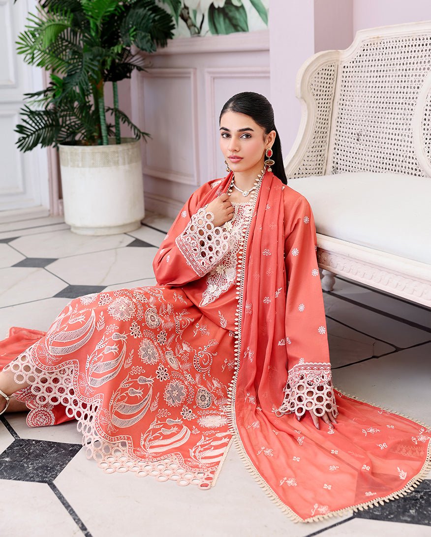 Roheenaz | Veil of Summer Chikankari | Soleil Blanc-Brand:Roheenaz-Type:Ladies Clothes-Pinkish Orange-Lawn-House of Maryam- Buy in UK, USA