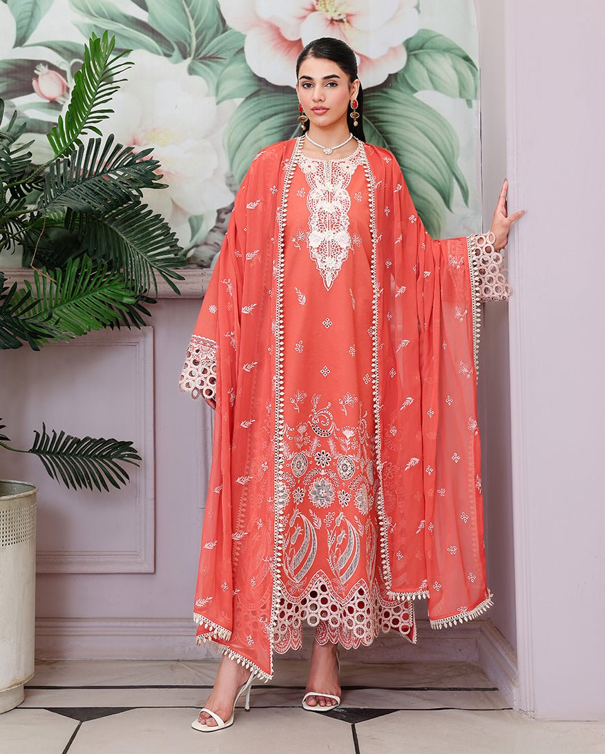 Roheenaz | Veil of Summer Chikankari | Soleil Blanc-Brand:Roheenaz-Type:Ladies Clothes-Pinkish Orange-Lawn-House of Maryam- Buy in UK, USA