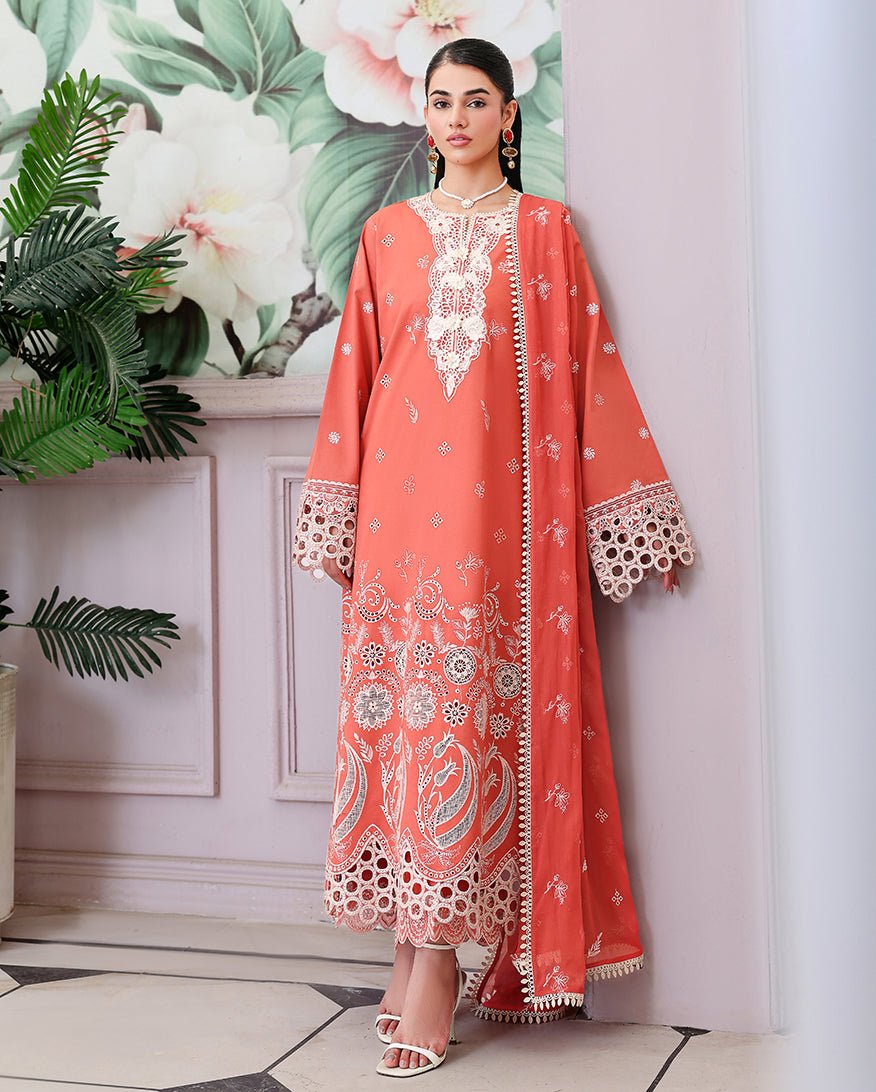 Roheenaz | Veil of Summer Chikankari | Soleil Blanc-Brand:Roheenaz-Type:Ladies Clothes-Pinkish Orange-Lawn-House of Maryam- Buy in UK, USA