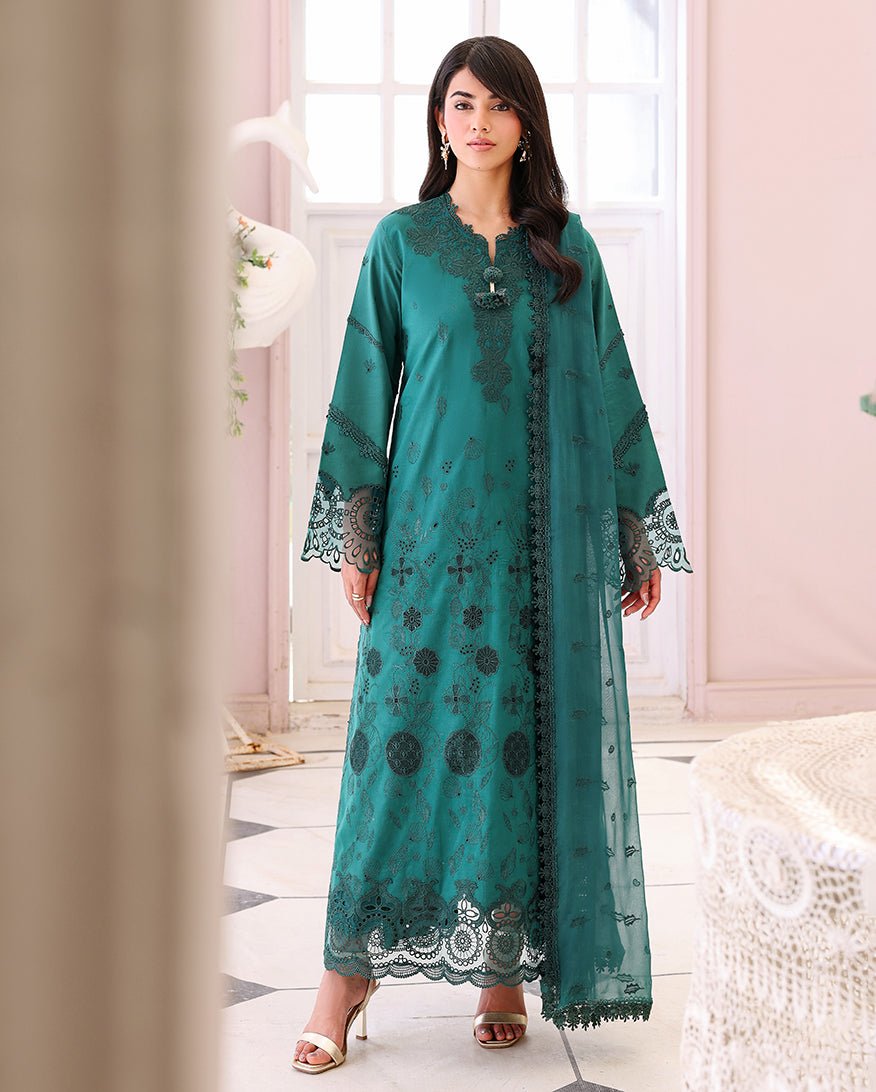 Roheenaz | Veil of Summer Chikankari | Whispered Veil-Brand:Roheenaz-Type:Ladies Clothes-Emerald Green-Lawn-House of Maryam- Buy in UK, USA
